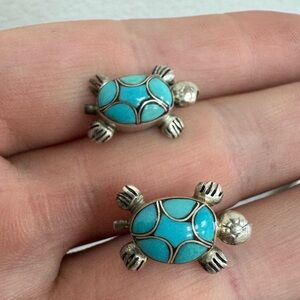 NATIVE AMERICAN ZUNI BLUE GEM TURQUOISE STERLING SILVER EARRINGS